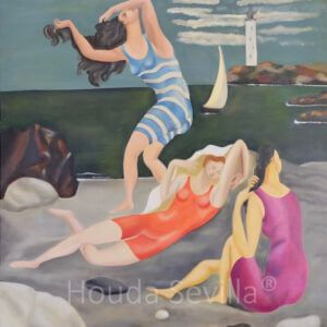 Copie tableau maitre, œuvre 'Les Baigneuses' d'après Picasso réalisée par l'artiste peintre Houda SEVILLA, peinture représentant des figures féminines à la plage.