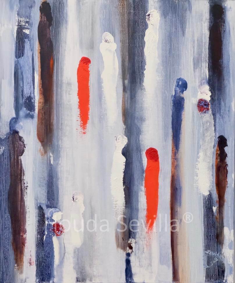 Tableau bleu blanc Défilé backstage artiste Houda Sevilla