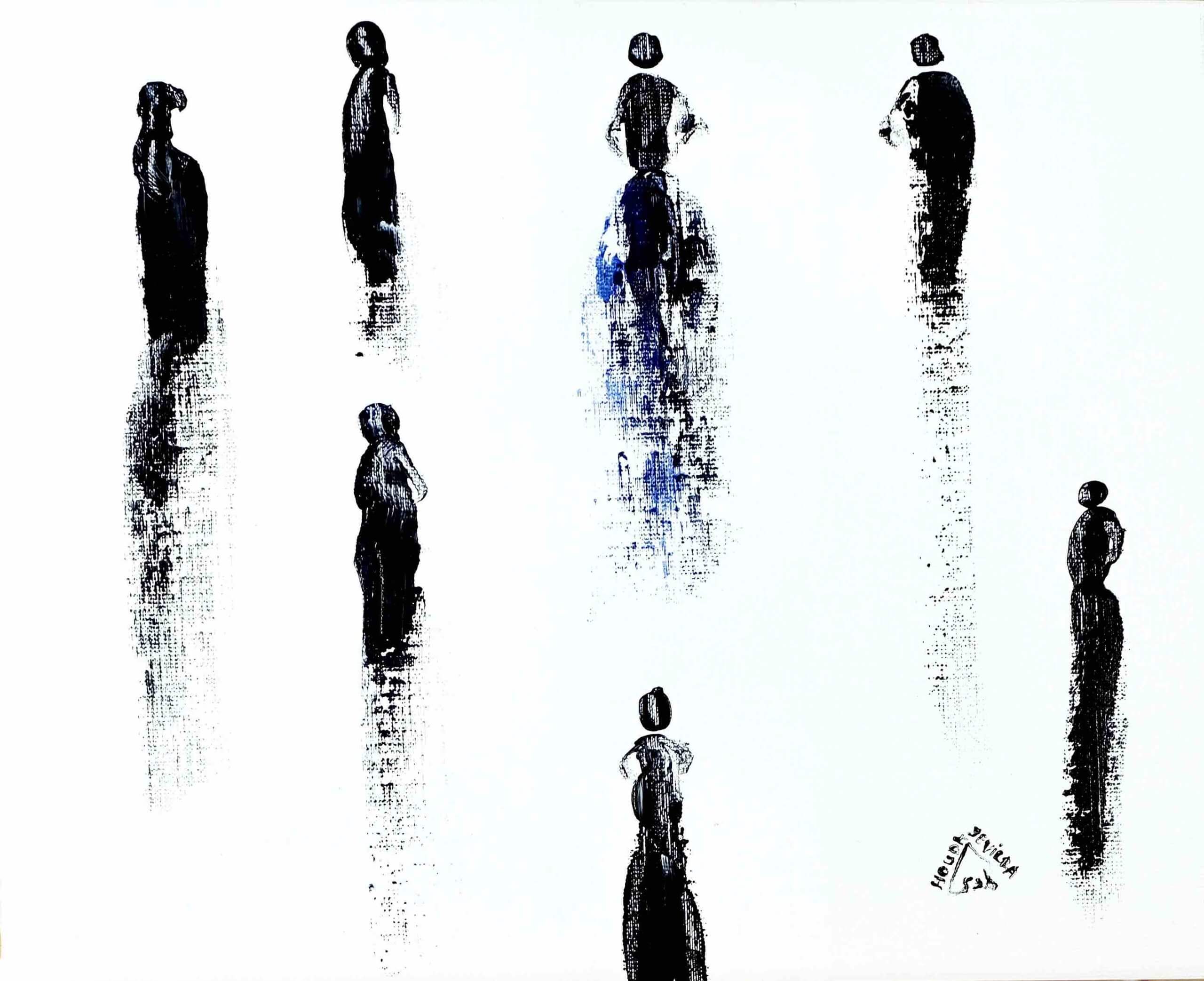 Peinture noir et blanc artiste Houda Sevilla, Défilé traîne bleue