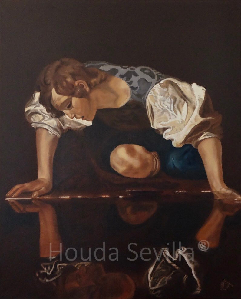 Narcisse Caravage, copie tableau maitre par l'artiste Houda Sevilla