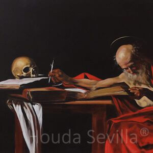 Reproduction du Saint Jérôme de Caravage, réalisée par Houda SEVILLA, montrant le saint assis à son bureau, plongé dans l’écriture et la méditation, éclairé par un clair-obscur dramatique.