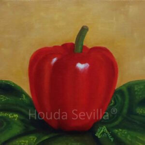 Poivron rouge sur fond jaune, peinture à l’huile sur lin format carré 20x20 cm