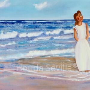 Oeuvre d'art contemporain. Peinture femme à la plage artiste Houda Sevilla