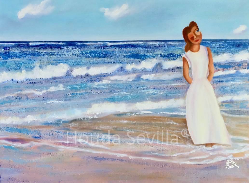 Oeuvre d'art contemporain. Peinture femme à la plage artiste Houda Sevilla