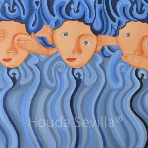 tableau figuratif bleu Les trois sages artiste Houda Sevilla