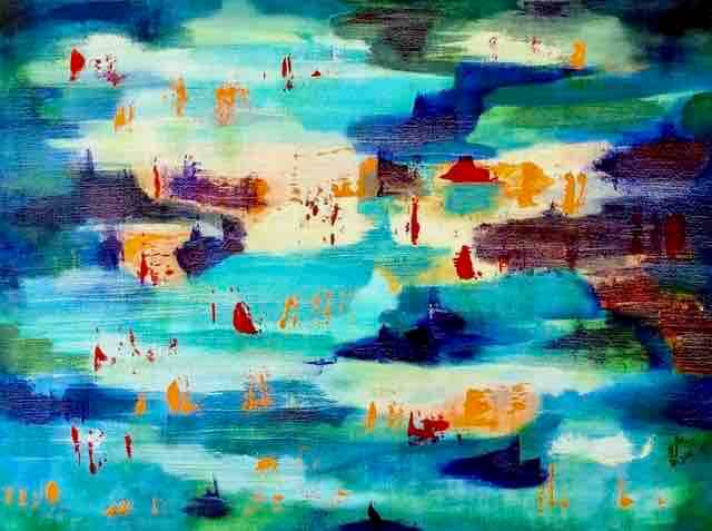 Peinture abstraite turquoise Lagoon artiste Houda Sevilla
