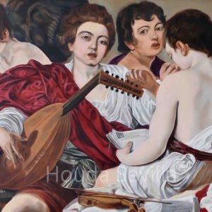 Oeuvre d'art Les Musiciens ou Le Concert d'après Le Caravage par une artiste qui maîtrise la reproduction des grands maîtres