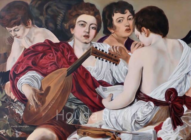 Oeuvre d'art Les Musiciens ou Le Concert d'après Le Caravage par une artiste qui maîtrise la reproduction des grands maîtres