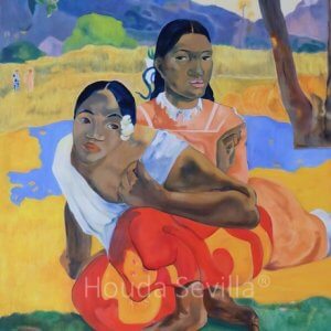 Reproduction du tableau 'Quand te marieras-tu ?' de Paul Gauguin par l'artiste Houda Sevilla, peinture symbolique explorant les thèmes du mariage et du destin.