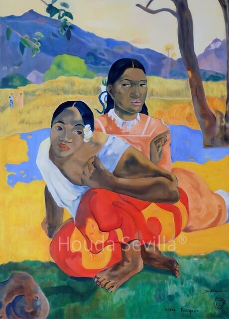 Reproduction du tableau 'Quand te marieras-tu ?' de Paul Gauguin par l'artiste Houda Sevilla, peinture symbolique explorant les thèmes du mariage et du destin.