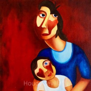 Tableau illustrant la profondeur émotionnelle du personnage 'Conscience' par Houda Sevilla. Portrait d'une maman et son bébé au regard éveillé, "Conscience et Éveil".