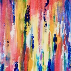 Tableau multicolore jaune violet Gossip par Houda Sevilla