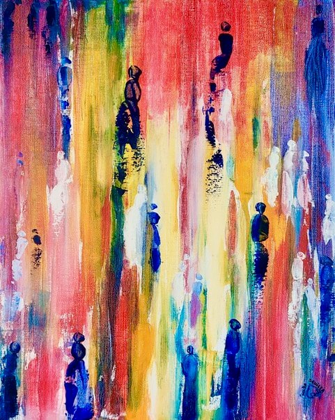 Tableau multicolore jaune violet Gossip par Houda Sevilla