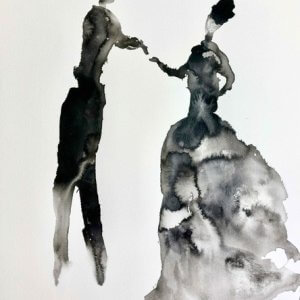 Tableau à l'encre de chine représenant un couple dansant "La valse" par l'artiste contemporaine Houda Sevilla