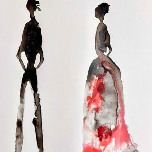 Peinture à l'encre couple femme robe rouge noire par Houda Sevilla