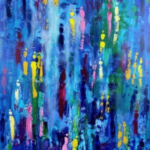 Tableau bleu coloré, Courtoisie, par l'artiste Houda SEVILLA.