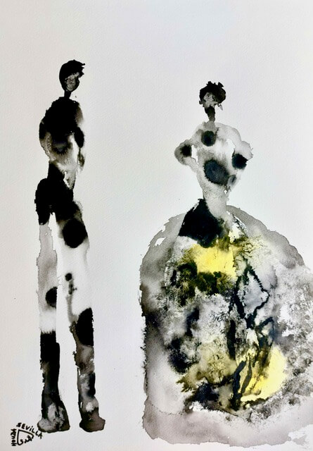 Tableau encre couple par Houda Sevilla, Pose