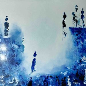 Peinture à l'huile, tableau abstrait blanc et bleu Escape par Houda Sevilla