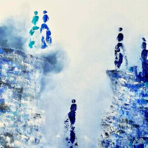 Peinture abstraite blanc bleu vert "Évasion" capturant la dynamique des formes et des couleurs, Galerie d'Art Houda Sevilla
