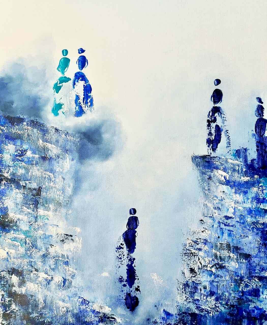 Peinture abstraite blanc bleu vert "Évasion" capturant la dynamique des formes et des couleurs, Galerie d'Art Houda Sevilla